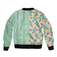 Menthol Green Aloha Hawaii Tiki Sleeve Zip Bomber Jacket Tropical Plumeria - Seamless Style