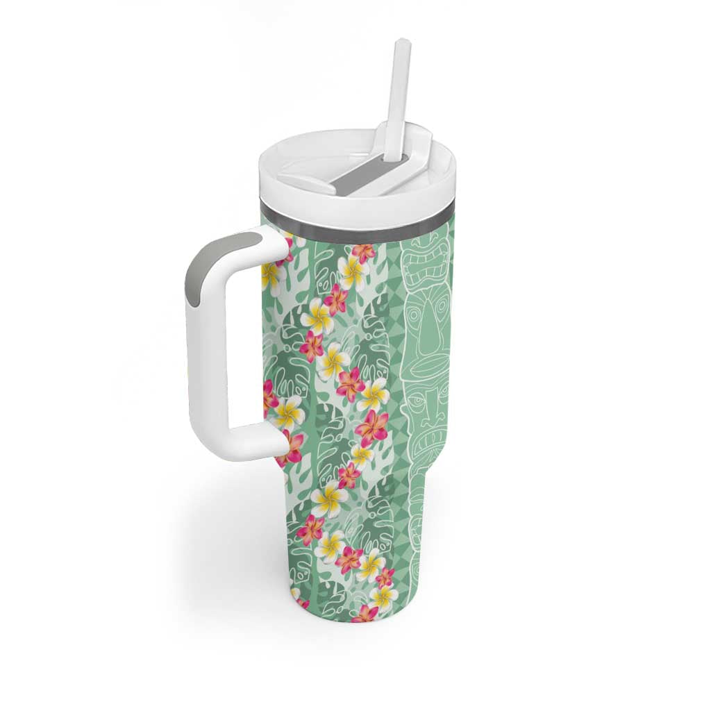 Menthol Green Aloha Hawaii Tiki Tumbler With Handle Tropical Plumeria - Seamless Style