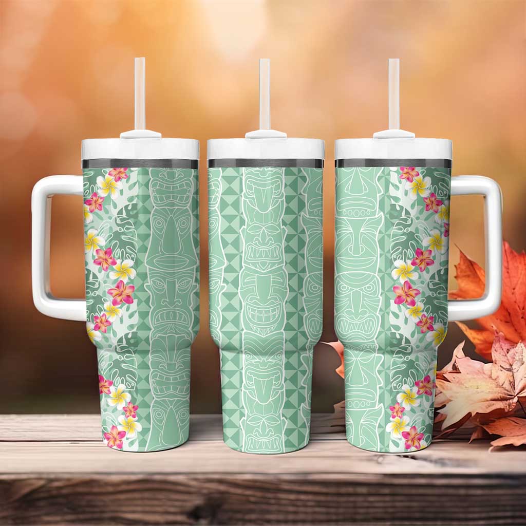 Menthol Green Aloha Hawaii Tiki Tumbler With Handle Tropical Plumeria - Seamless Style