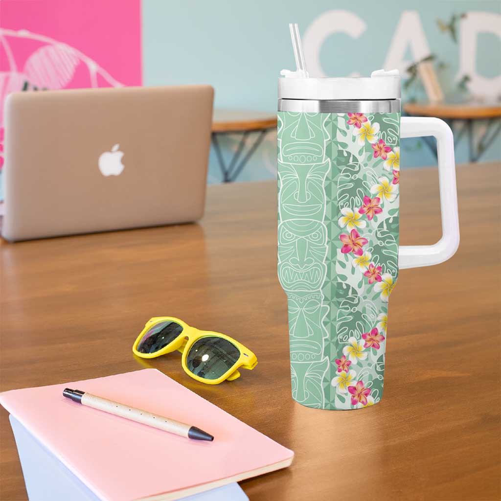 Menthol Green Aloha Hawaii Tiki Tumbler With Handle Tropical Plumeria - Seamless Style
