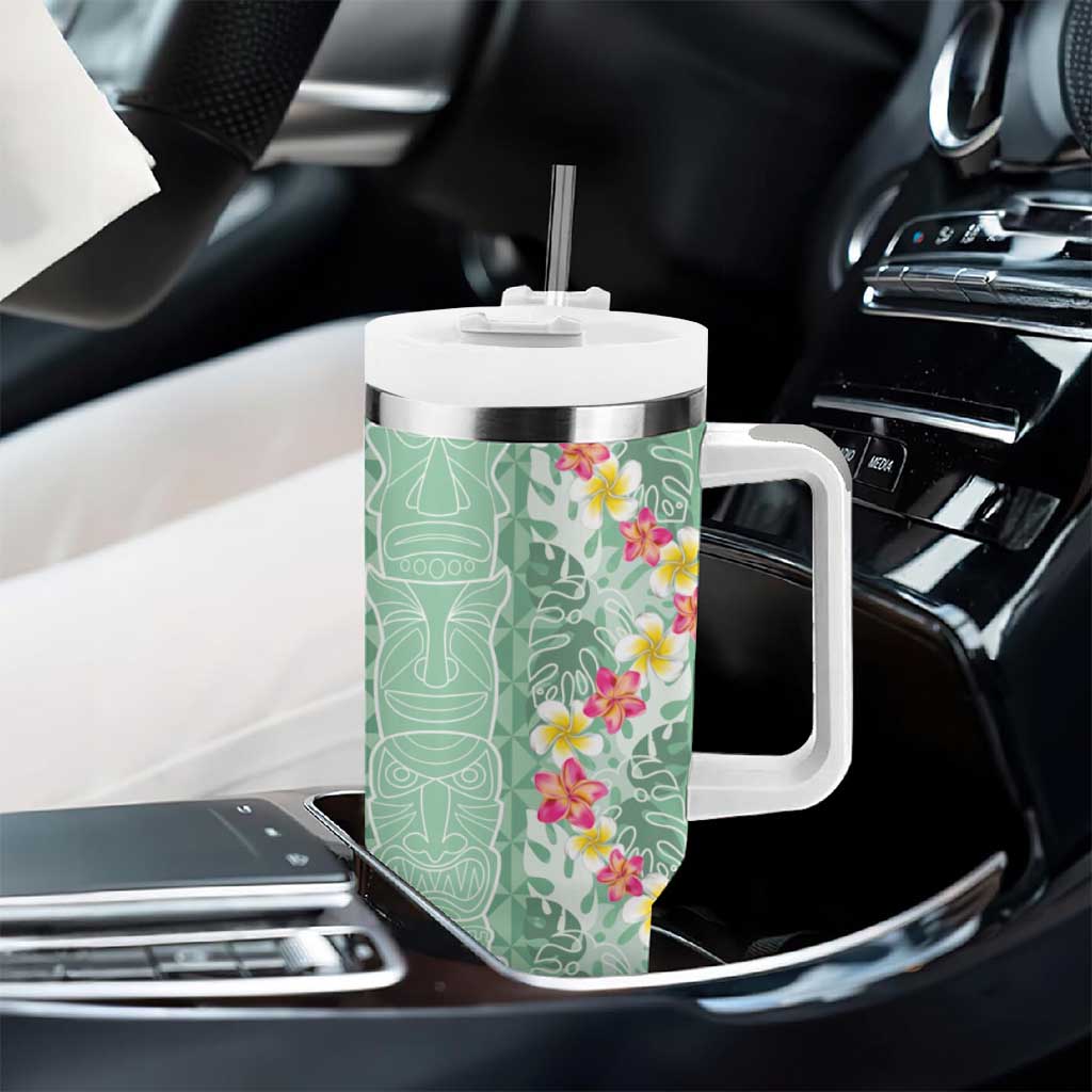 Menthol Green Aloha Hawaii Tiki Tumbler With Handle Tropical Plumeria - Seamless Style