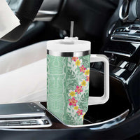 Menthol Green Aloha Hawaii Tiki Tumbler With Handle Tropical Plumeria - Seamless Style