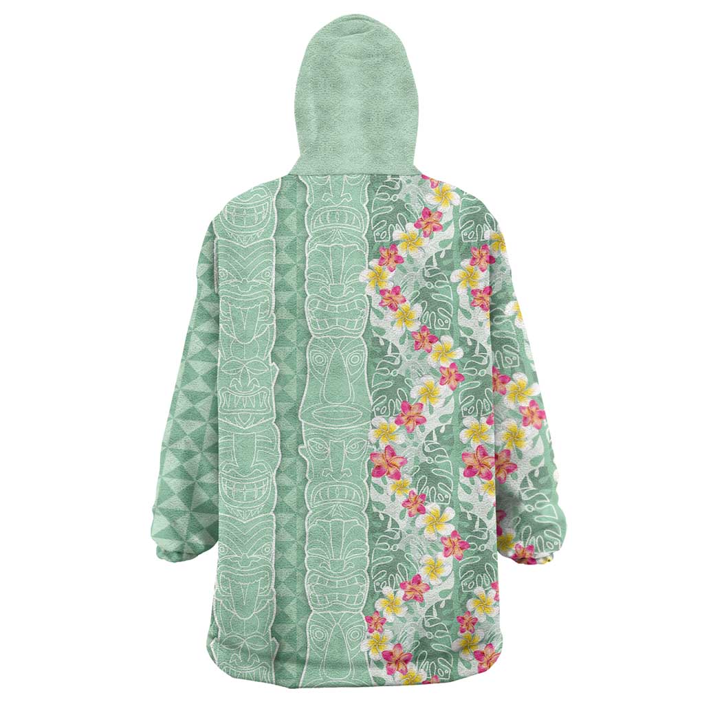 Menthol Green Aloha Hawaii Tiki Wearable Blanket Hoodie Tropical Plumeria - Seamless Style
