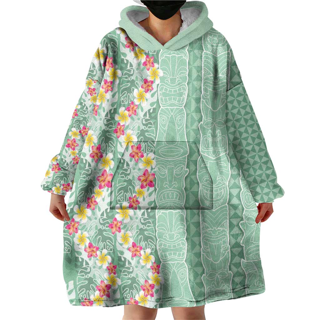 Menthol Green Aloha Hawaii Tiki Wearable Blanket Hoodie Tropical Plumeria - Seamless Style