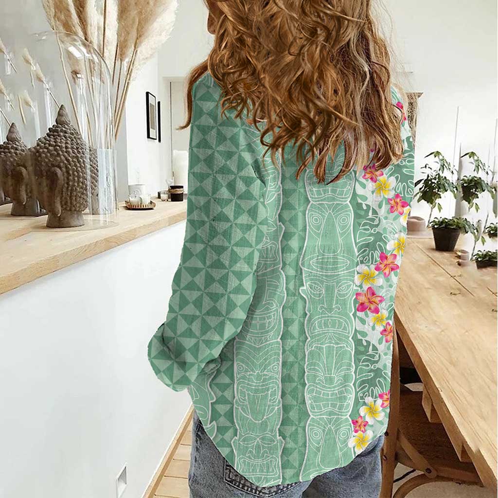 Menthol Green Aloha Hawaii Tiki Women Casual Shirt Tropical Plumeria - Seamless Style
