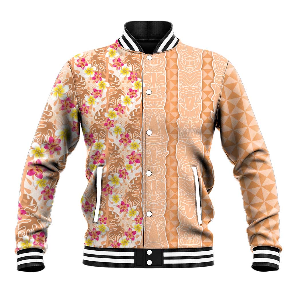 Orange Chiffon Aloha Hawaii Tiki Baseball Jacket Tropical Plumeria - Seamless Style
