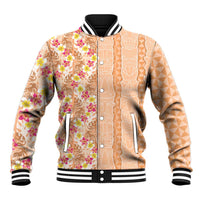Orange Chiffon Aloha Hawaii Tiki Baseball Jacket Tropical Plumeria - Seamless Style