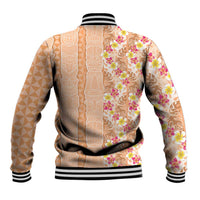 Orange Chiffon Aloha Hawaii Tiki Baseball Jacket Tropical Plumeria - Seamless Style