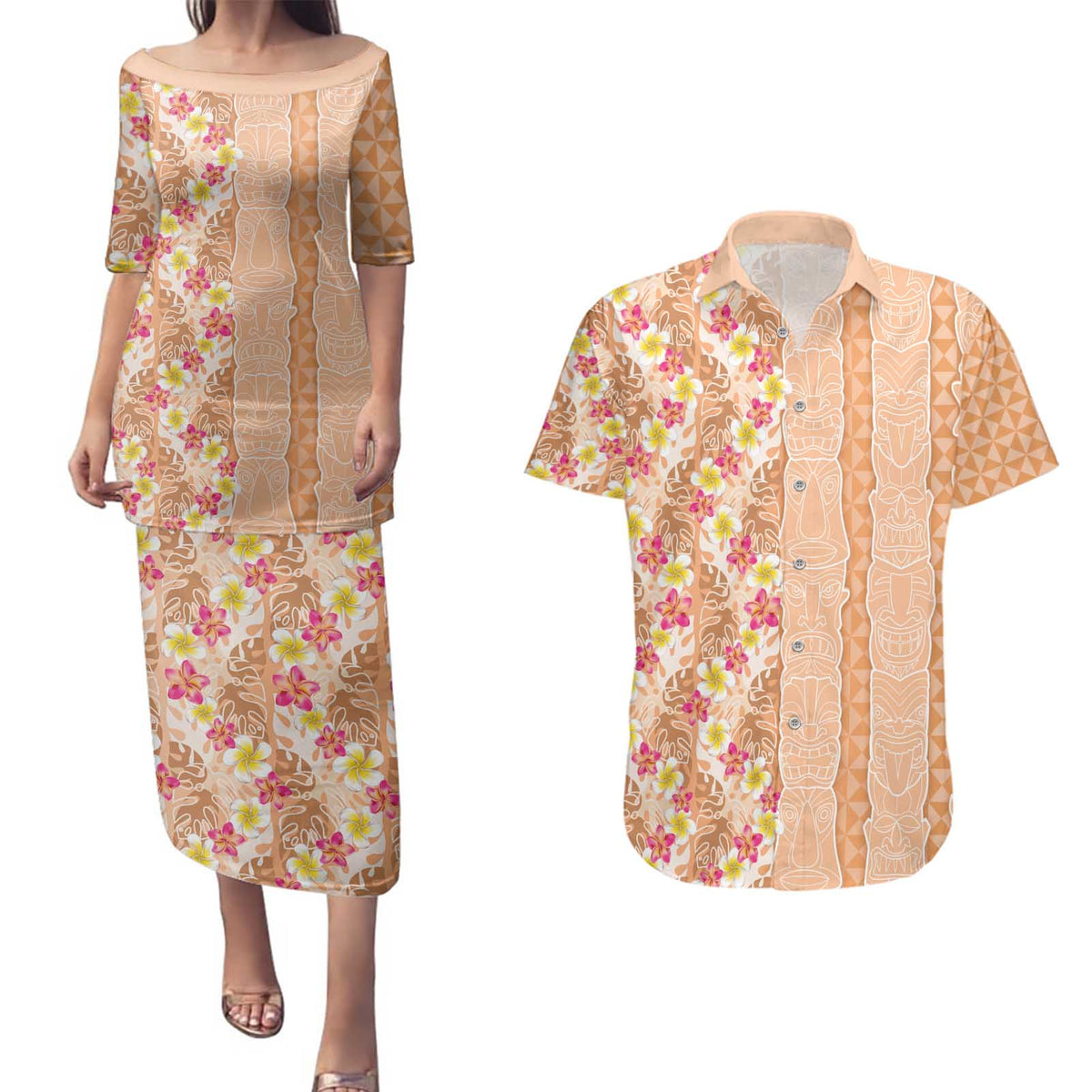 Orange Chiffon Aloha Hawaii Tiki Couples Matching Puletasi and Hawaiian Shirt Tropical Plumeria - Seamless Style