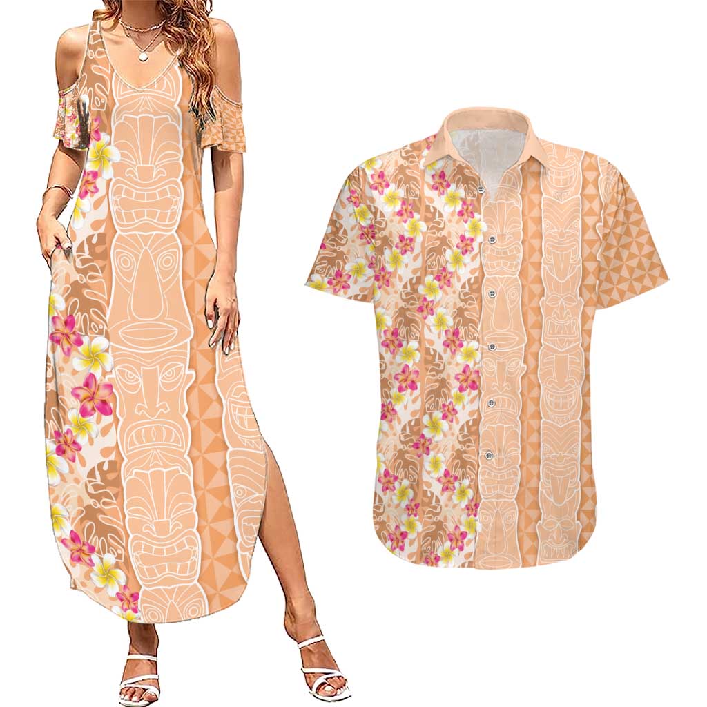 Orange Chiffon Aloha Hawaii Tiki Couples Matching Summer Maxi Dress and Hawaiian Shirt Tropical Plumeria - Seamless Style