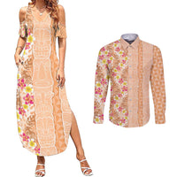 Orange Chiffon Aloha Hawaii Tiki Couples Matching Summer Maxi Dress and Long Sleeve Button Shirt Tropical Plumeria - Seamless Style