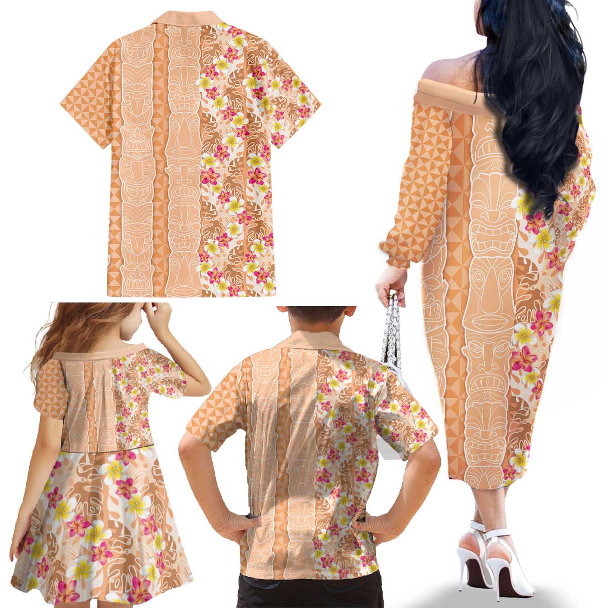 Orange Chiffon Aloha Hawaii Tiki Family Matching Off The Shoulder Long Sleeve Dress and Hawaiian Shirt Tropical Plumeria - Seamless Style LT14 - Polynesian Pride