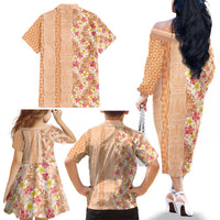 Orange Chiffon Aloha Hawaii Tiki Family Matching Off The Shoulder Long Sleeve Dress and Hawaiian Shirt Tropical Plumeria - Seamless Style LT14 - Polynesian Pride