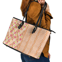 Orange Chiffon Aloha Hawaii Tiki Leather Tote Bag Tropical Plumeria - Seamless Style