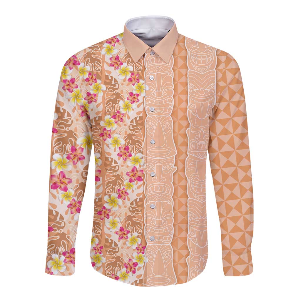 Orange Chiffon Aloha Hawaii Tiki Long Sleeve Button Shirt Tropical Plumeria - Seamless Style LT14 Unisex Orange - Polynesian Pride