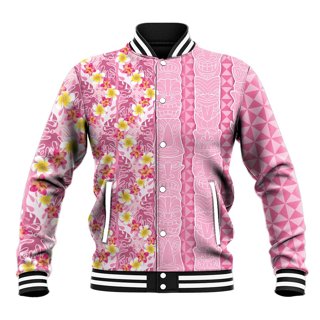 Pastel Magenta Aloha Hawaii Tiki Baseball Jacket Tropical Plumeria - Seamless Style