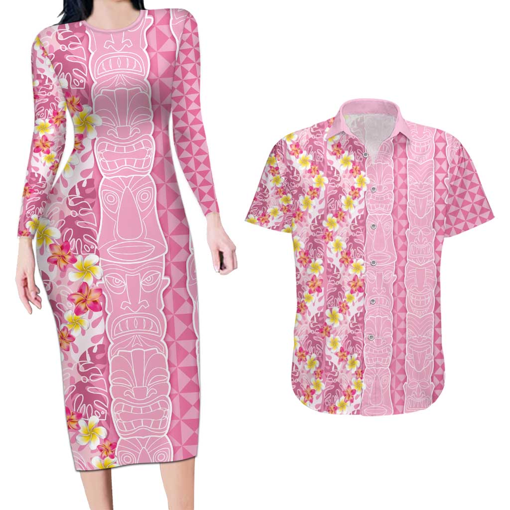 Pastel Magenta Aloha Hawaii Tiki Couples Matching Long Sleeve Bodycon Dress and Hawaiian Shirt Tropical Plumeria - Seamless Style LT14 Magenta - Polynesian Pride