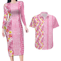 Pastel Magenta Aloha Hawaii Tiki Couples Matching Long Sleeve Bodycon Dress and Hawaiian Shirt Tropical Plumeria - Seamless Style LT14 Magenta - Polynesian Pride