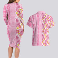 Pastel Magenta Aloha Hawaii Tiki Couples Matching Long Sleeve Bodycon Dress and Hawaiian Shirt Tropical Plumeria - Seamless Style LT14 - Polynesian Pride