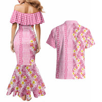 Pastel Magenta Aloha Hawaii Tiki Couples Matching Mermaid Dress and Hawaiian Shirt Tropical Plumeria - Seamless Style LT14 - Polynesian Pride