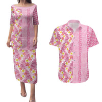 Pastel Magenta Aloha Hawaii Tiki Couples Matching Puletasi and Hawaiian Shirt Tropical Plumeria - Seamless Style