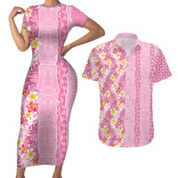 Pastel Magenta Aloha Hawaii Tiki Couples Matching Short Sleeve Bodycon Dress and Hawaiian Shirt Tropical Plumeria - Seamless Style LT14 Magenta - Polynesian Pride