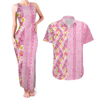 Pastel Magenta Aloha Hawaii Tiki Couples Matching Tank Maxi Dress and Hawaiian Shirt Tropical Plumeria - Seamless Style