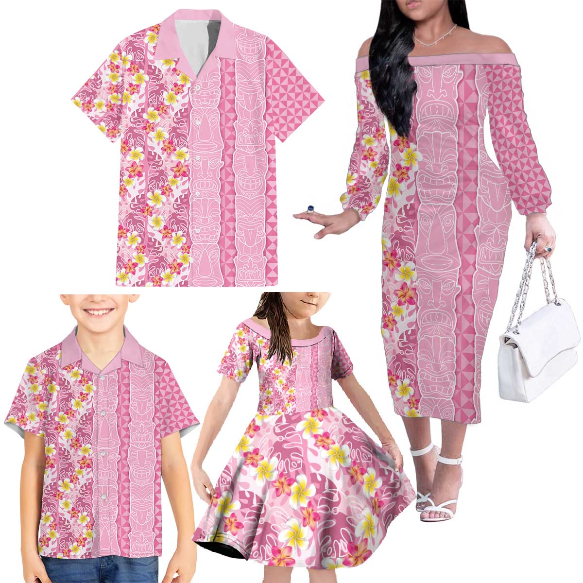 Pastel Magenta Aloha Hawaii Tiki Family Matching Off The Shoulder Long Sleeve Dress and Hawaiian Shirt Tropical Plumeria - Seamless Style LT14 - Polynesian Pride