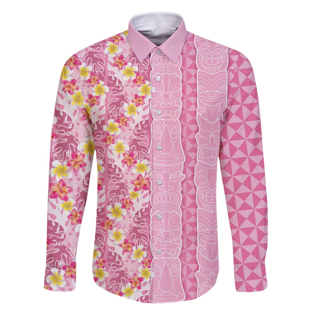 Pastel Magenta Aloha Hawaii Tiki Family Matching Off The Shoulder Long Sleeve Dress and Hawaiian Shirt Tropical Plumeria - Seamless Style LT14 Dad's Shirt - Long Sleeve Magenta - Polynesian Pride