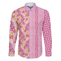 Pastel Magenta Aloha Hawaii Tiki Family Matching Off The Shoulder Long Sleeve Dress and Hawaiian Shirt Tropical Plumeria - Seamless Style LT14 Dad's Shirt - Long Sleeve Magenta - Polynesian Pride