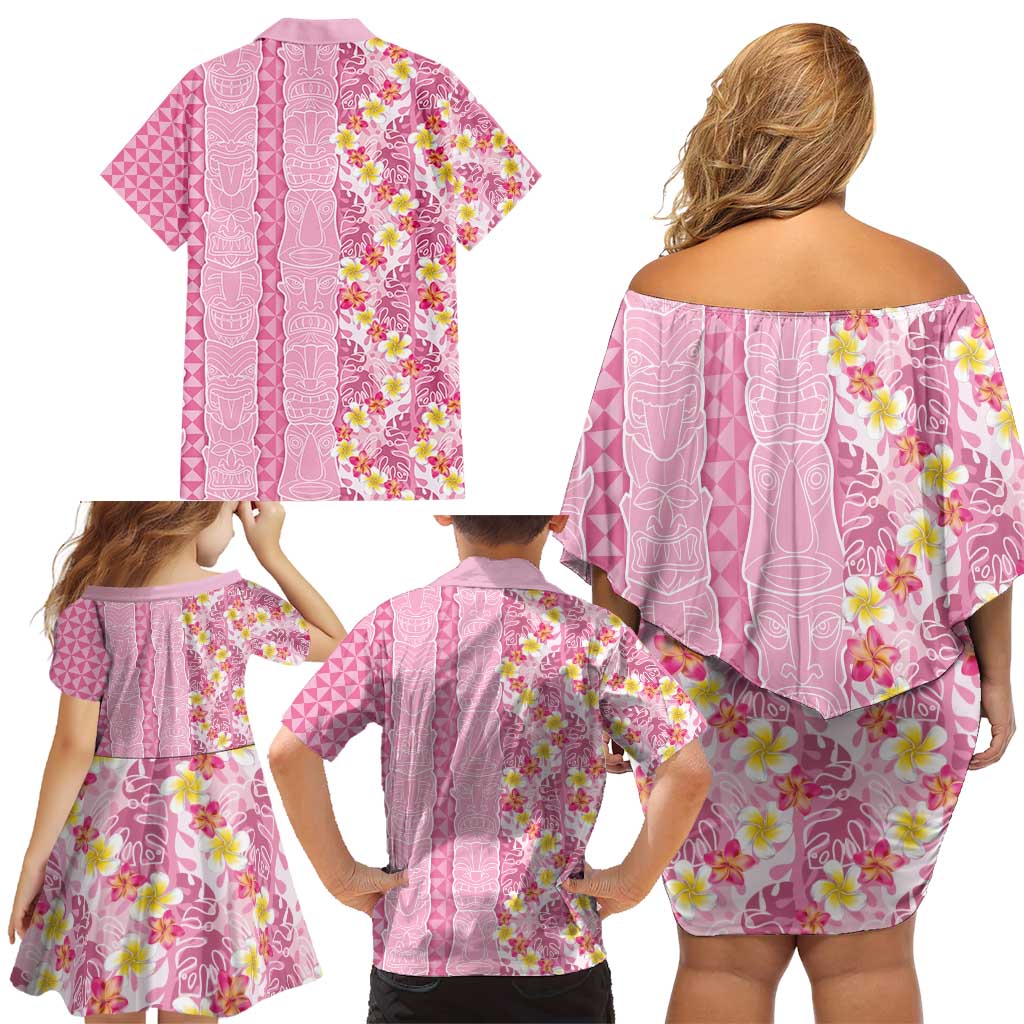 Pastel Magenta Aloha Hawaii Tiki Family Matching Off Shoulder Short Dress and Hawaiian Shirt Tropical Plumeria - Seamless Style LT14 - Polynesian Pride