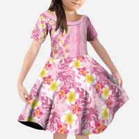 Pastel Magenta Aloha Hawaii Tiki Family Matching Puletasi and Hawaiian Shirt Tropical Plumeria - Seamless Style LT14 Daughter's Dress Magenta - Polynesian Pride
