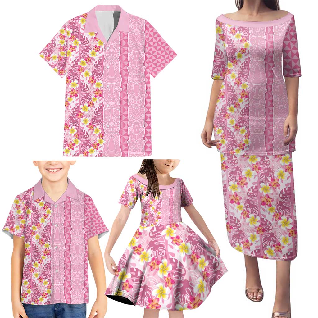 Pastel Magenta Aloha Hawaii Tiki Family Matching Puletasi and Hawaiian Shirt Tropical Plumeria - Seamless Style LT14 - Polynesian Pride