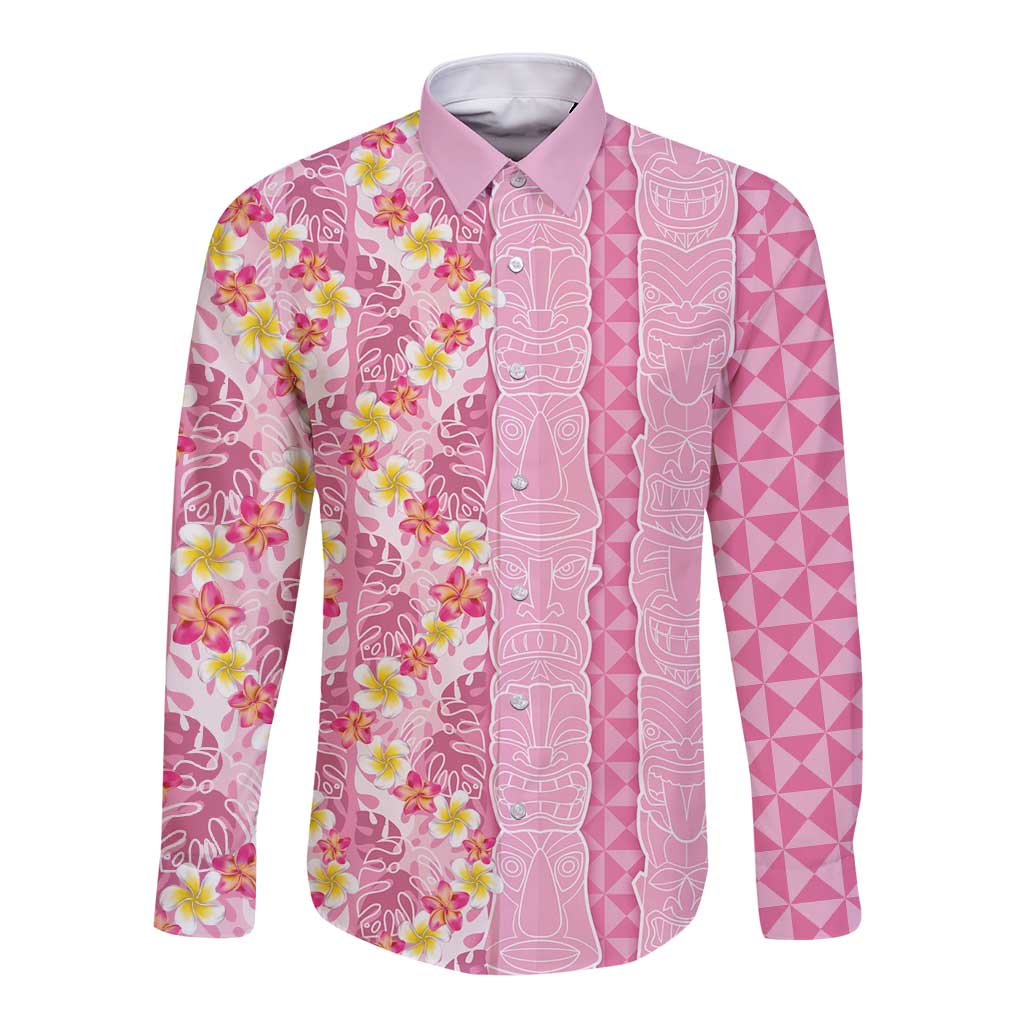 Pastel Magenta Aloha Hawaii Tiki Long Sleeve Button Shirt Tropical Plumeria - Seamless Style LT14 Unisex Magenta - Polynesian Pride