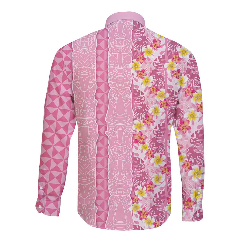 Pastel Magenta Aloha Hawaii Tiki Long Sleeve Button Shirt Tropical Plumeria - Seamless Style LT14 - Polynesian Pride