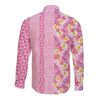 Pastel Magenta Aloha Hawaii Tiki Long Sleeve Button Shirt Tropical Plumeria - Seamless Style LT14 - Polynesian Pride