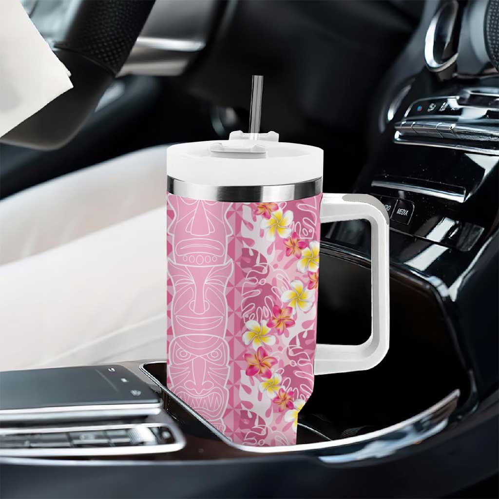 Pastel Magenta Aloha Hawaii Tiki Tumbler With Handle Tropical Plumeria - Seamless Style