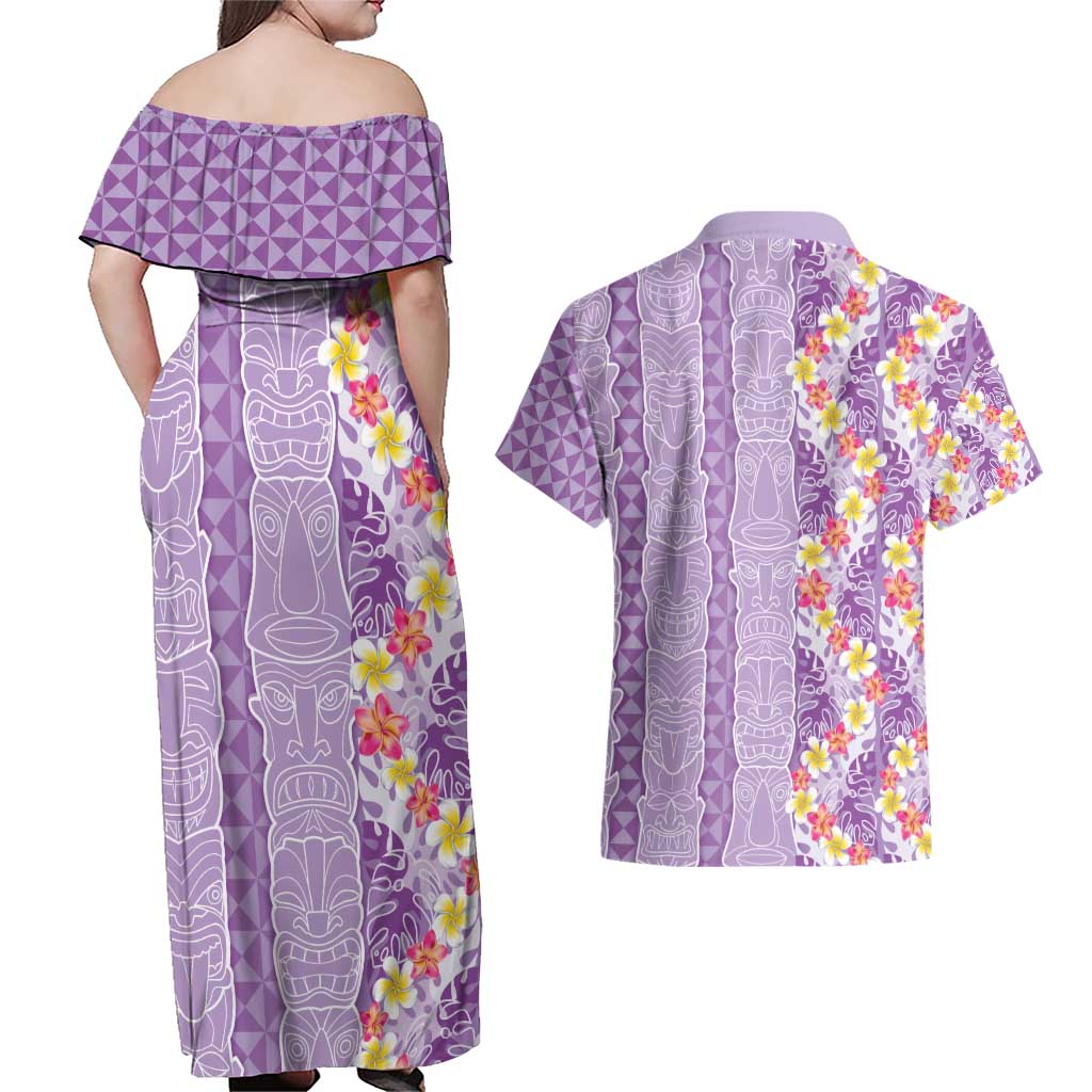 Lush Lilac Aloha Hawaii Tiki Couples Matching Off Shoulder Maxi Dress and Hawaiian Shirt Tropical Plumeria - Seamless Style LT14 - Polynesian Pride
