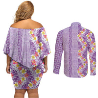 Lush Lilac Aloha Hawaii Tiki Couples Matching Off Shoulder Short Dress and Long Sleeve Button Shirt Tropical Plumeria - Seamless Style