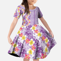 Lush Lilac Aloha Hawaii Tiki Family Matching Off The Shoulder Long Sleeve Dress and Hawaiian Shirt Tropical Plumeria - Seamless Style LT14 Daughter's Dress Purple - Polynesian Pride