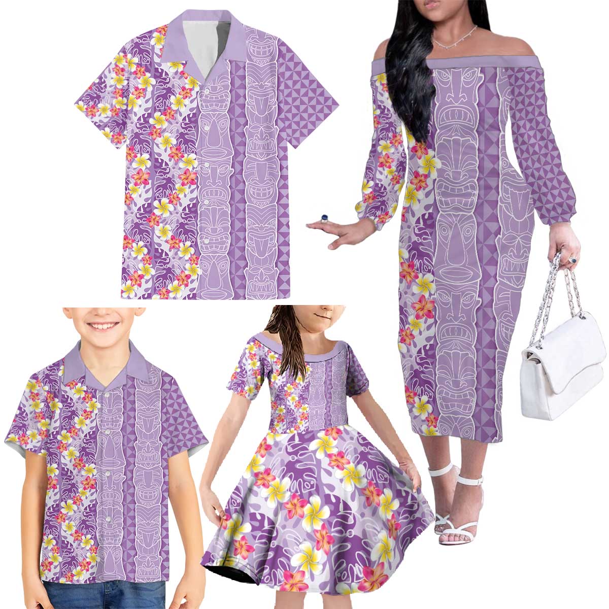 Lush Lilac Aloha Hawaii Tiki Family Matching Off The Shoulder Long Sleeve Dress and Hawaiian Shirt Tropical Plumeria - Seamless Style LT14 - Polynesian Pride