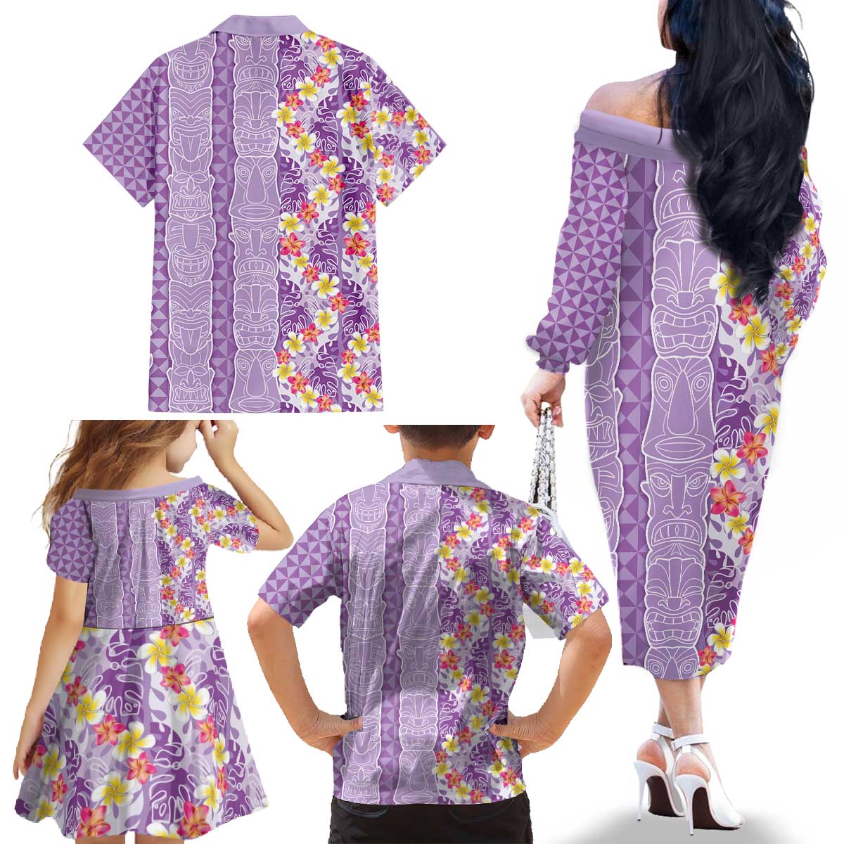 Lush Lilac Aloha Hawaii Tiki Family Matching Off The Shoulder Long Sleeve Dress and Hawaiian Shirt Tropical Plumeria - Seamless Style LT14 - Polynesian Pride