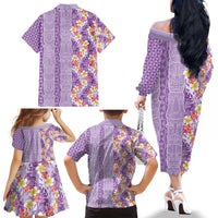 Lush Lilac Aloha Hawaii Tiki Family Matching Off The Shoulder Long Sleeve Dress and Hawaiian Shirt Tropical Plumeria - Seamless Style LT14 - Polynesian Pride
