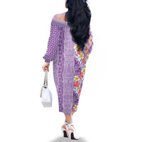 Lush Lilac Aloha Hawaii Tiki Family Matching Off The Shoulder Long Sleeve Dress and Hawaiian Shirt Tropical Plumeria - Seamless Style LT14 - Polynesian Pride