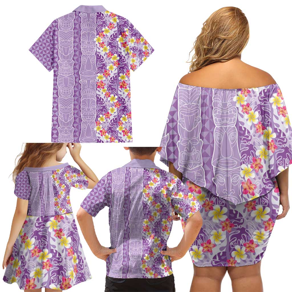 Lush Lilac Aloha Hawaii Tiki Family Matching Off Shoulder Short Dress and Hawaiian Shirt Tropical Plumeria - Seamless Style LT14 - Polynesian Pride