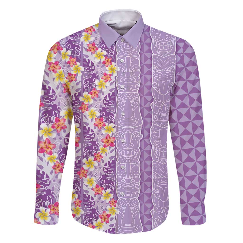 Lush Lilac Aloha Hawaii Tiki Family Matching Off Shoulder Short Dress and Hawaiian Shirt Tropical Plumeria - Seamless Style LT14 Dad's Shirt - Long Sleeve Purple - Polynesian Pride