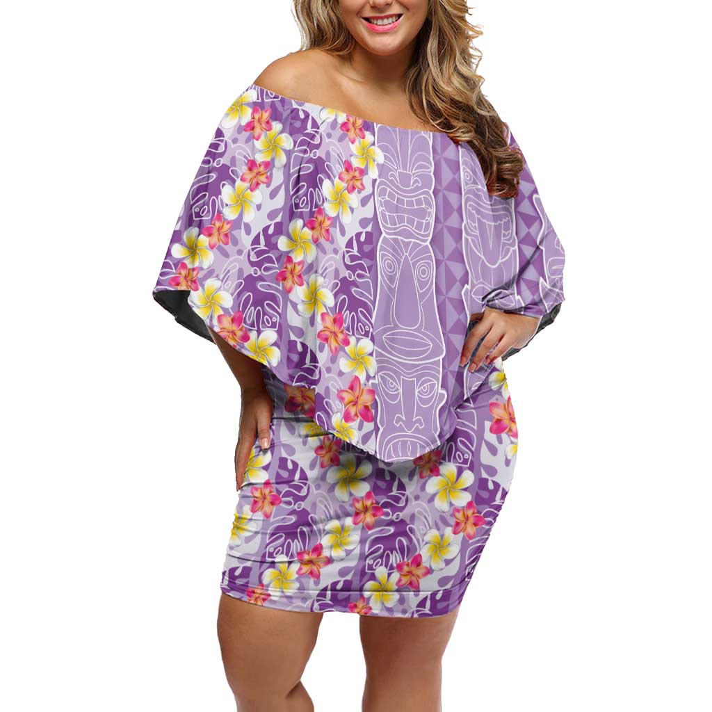 Lush Lilac Aloha Hawaii Tiki Family Matching Off Shoulder Short Dress and Hawaiian Shirt Tropical Plumeria - Seamless Style LT14 Mom's Dress Purple - Polynesian Pride