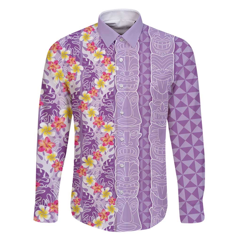 Lush Lilac Aloha Hawaii Tiki Family Matching Puletasi and Hawaiian Shirt Tropical Plumeria - Seamless Style LT14 Dad's Shirt - Long Sleeve Purple - Polynesian Pride