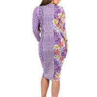Lush Lilac Aloha Hawaii Tiki Long Sleeve Bodycon Dress Tropical Plumeria - Seamless Style