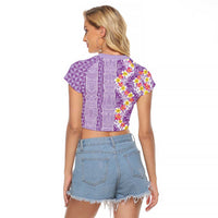 Lush Lilac Aloha Hawaii Tiki Raglan Cropped T Shirt Tropical Plumeria - Seamless Style